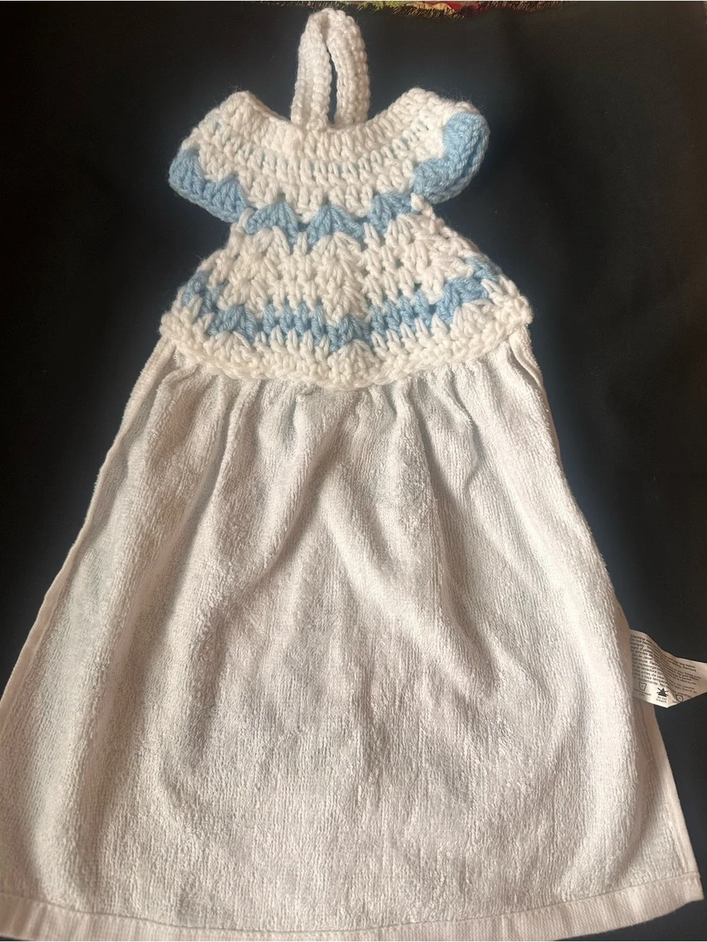 Handmade Blue & White Hanging Bird Tea Towel with Birdhouse Design